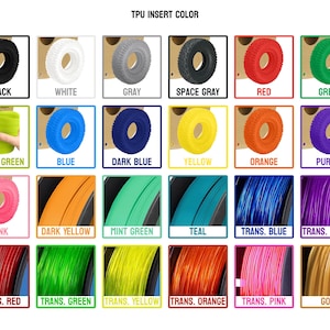 May include: A chart displaying 18 different colours of TPU filament for 3D printing. The colours include black, white, grey, space grey, red, green, grass green, blue, dark blue, yellow, orange, purple, pink, dark yellow, mint green, teal, translucent blue, translucent purple, translucent red, translucent green, translucent yellow, translucent orange, translucent pink, and gold.