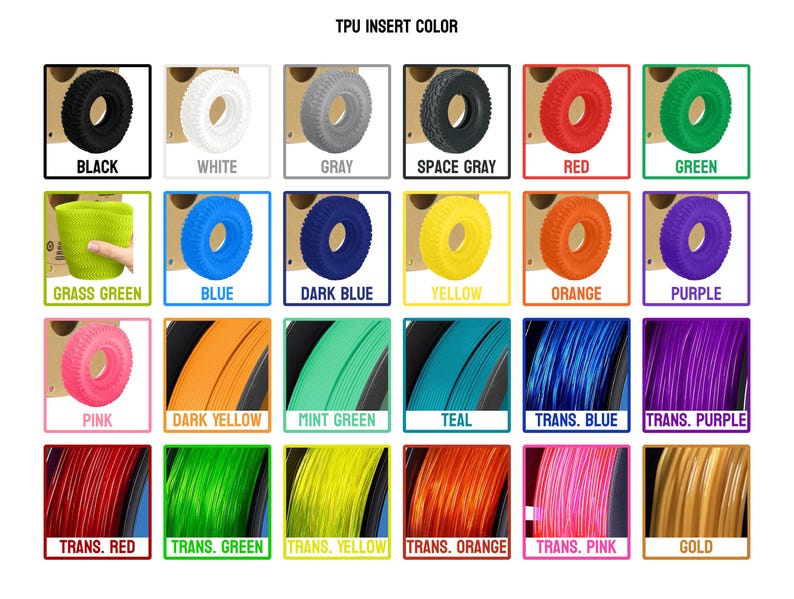 May include: A chart displaying 18 different colours of TPU filament for 3D printing. The colours include black, white, grey, space grey, red, green, grass green, blue, dark blue, yellow, orange, purple, pink, dark yellow, mint green, teal, translucent blue, translucent purple, translucent red, translucent green, translucent yellow, translucent orange, translucent pink, and gold.