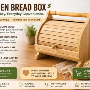 May include: Wooden bread bin with a roll-top lid, made of natural wood. The bin has a handle and is designed to keep bread fresh. The image also shows sliced bread.