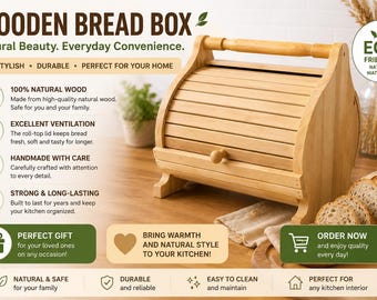 May include: Wooden bread box with a roll-top lid, made of natural wood. The box has a handle and is designed to keep bread fresh. The image also shows sliced bread.