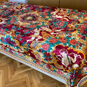 Italian Velvet Bedspread, UNUSED Cherub Bedspread, Vintage Bed Cover, Plush Blanket Floral, Velour Angel Tapestry Couch Throw, Burgundy Rug