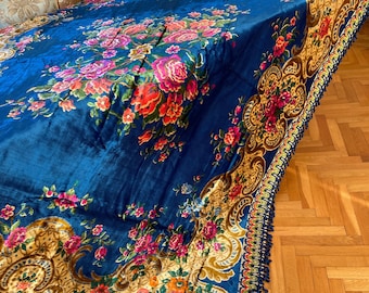Unused Vintage Italian Floral Velvet Bedspread, Bohemian Table Decor, Large Tablecloth Rectangle, Blue Plush Carpet Rug, Sofa Cover Tapestry