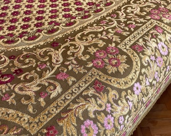 Antike französische Samttischdecke, Velourstischteppich, Gold-Burgund-Blumen-Tapisserie-Stoff mit Quaste, Vintage einzigartige Brokat-Möbelbezug