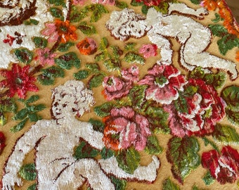 Cherub Velvet Bedspread, Italian Floral Chenille Tapestry Tablecloth, Vintage Couch Sofa Cover Blanket, Shiny Large Velour Table Decor, Rug