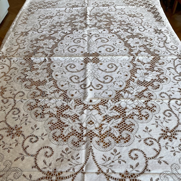 UNUSED Quaker Lace Off-White Cotton Tablecloth, Vintage Wedding Dress Fabric, Rectangle Two Tone Lace Table Cover, Floral Curtain Panel