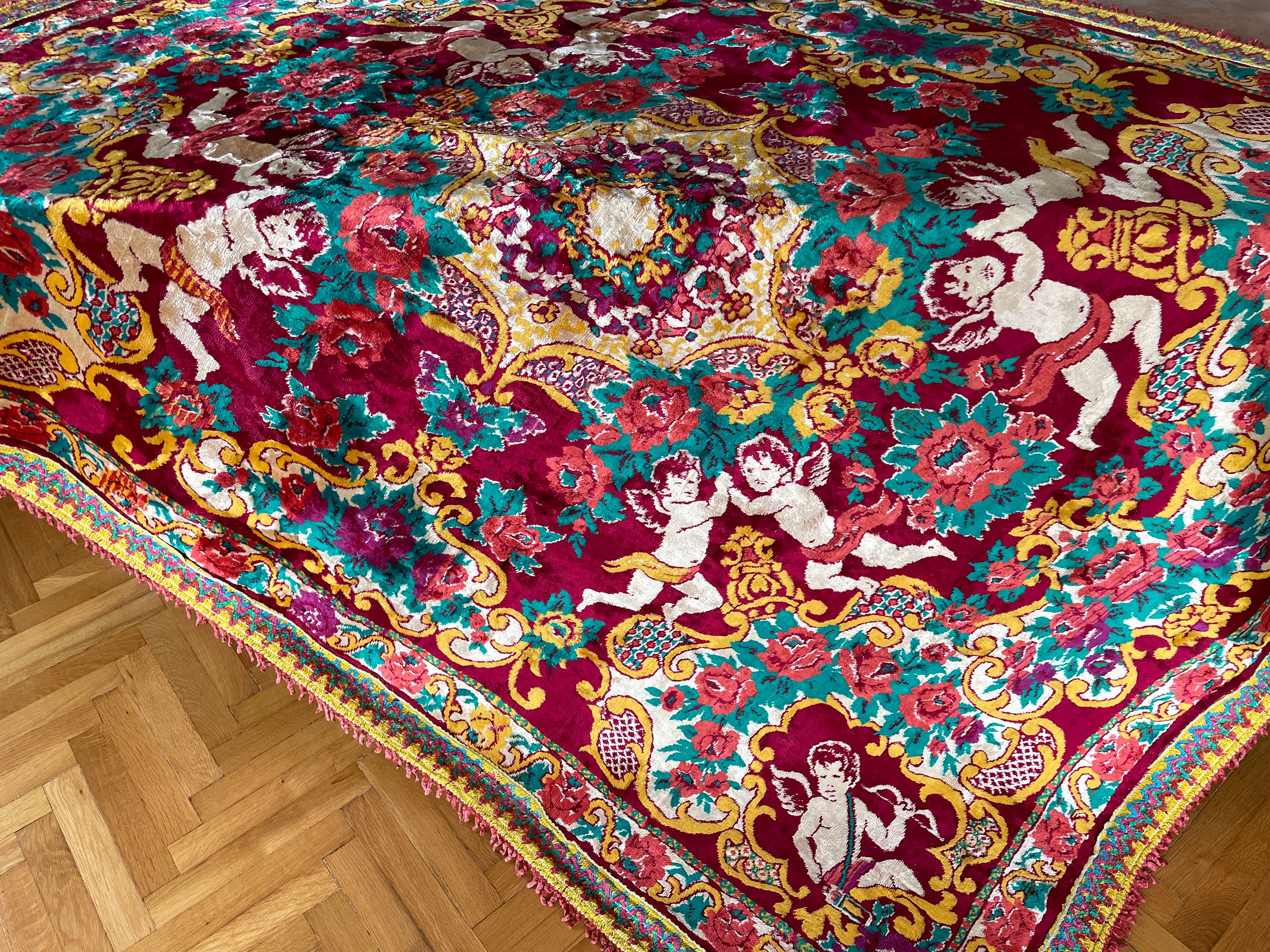 Unused Italian Velvet Bedspread, Cherub Bedspread, Vintage Plush 