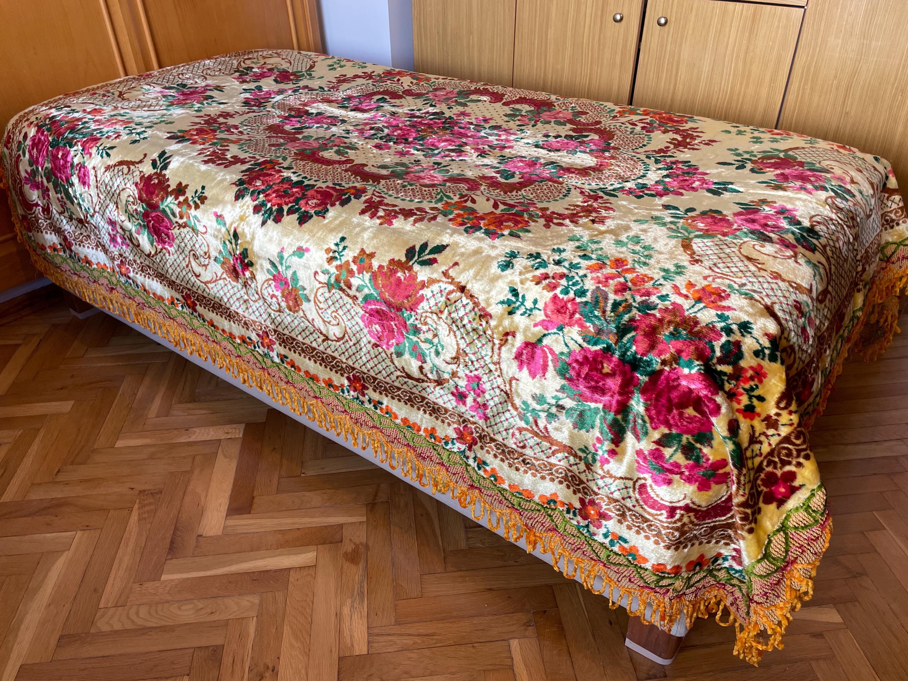 Unused Vintage Italian Floral Velvet Bedspread, Bohemian Table
