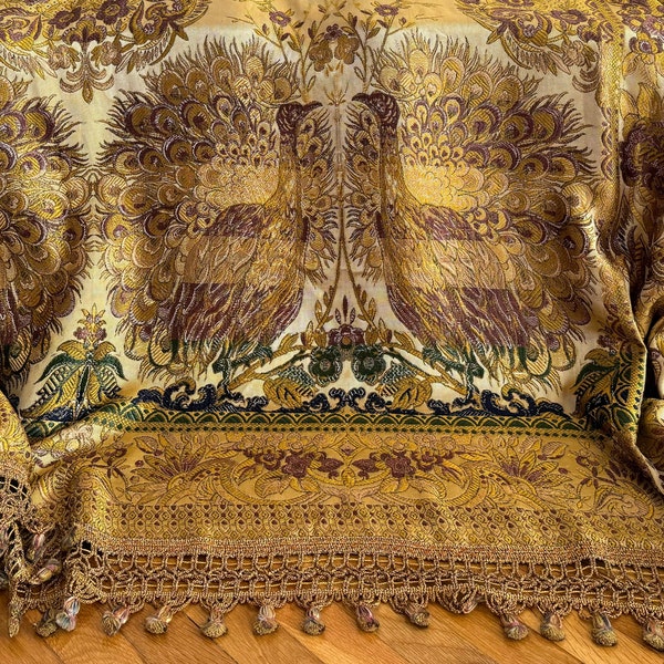 Vintage Italian Chenille Bedspread, UNUSED Peacocks Silk Coverlet, Antique Brocade Damask Bed Throw Queen, 1930s Embroidered Woven Tapestry