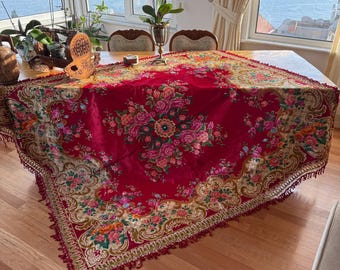 UNUSED Vintage Italian Floral Velvet Bedspread, Bohemian Table Decor, Large Tablecloth Rectangle, Red Plush Carpet Rug, Sofa Cover Tapestry