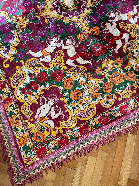 Unused Vintage Italian Velvet Cherub Bedspread, Large Tablecloth Rectangle, Floral Wallhanging Rug Sofa Cover Tapestry