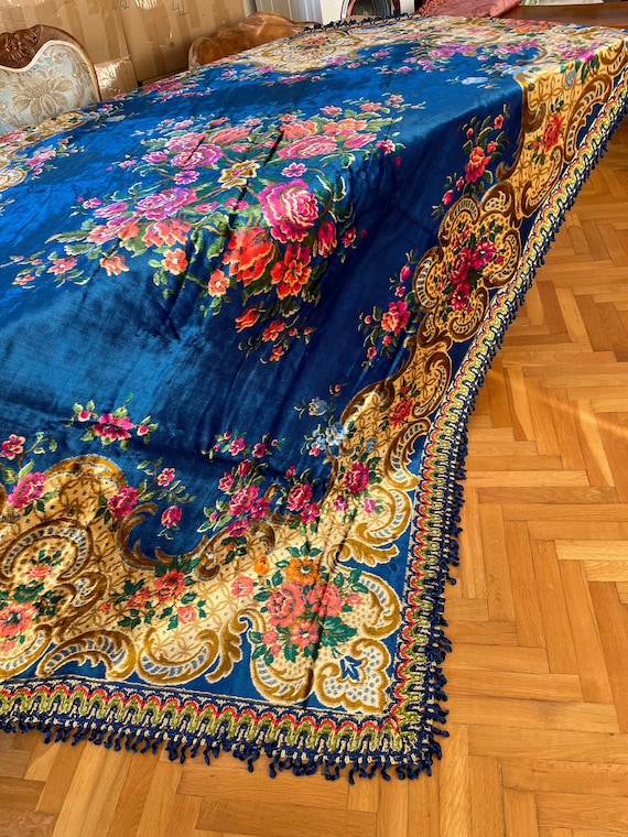 Unused Vintage Italian Floral Velvet Bedspread, Bohemian Table Decor, Large Tablecloth Rectangle, Blue Plush Carpet Rug, Sofa Cover Tapestry
