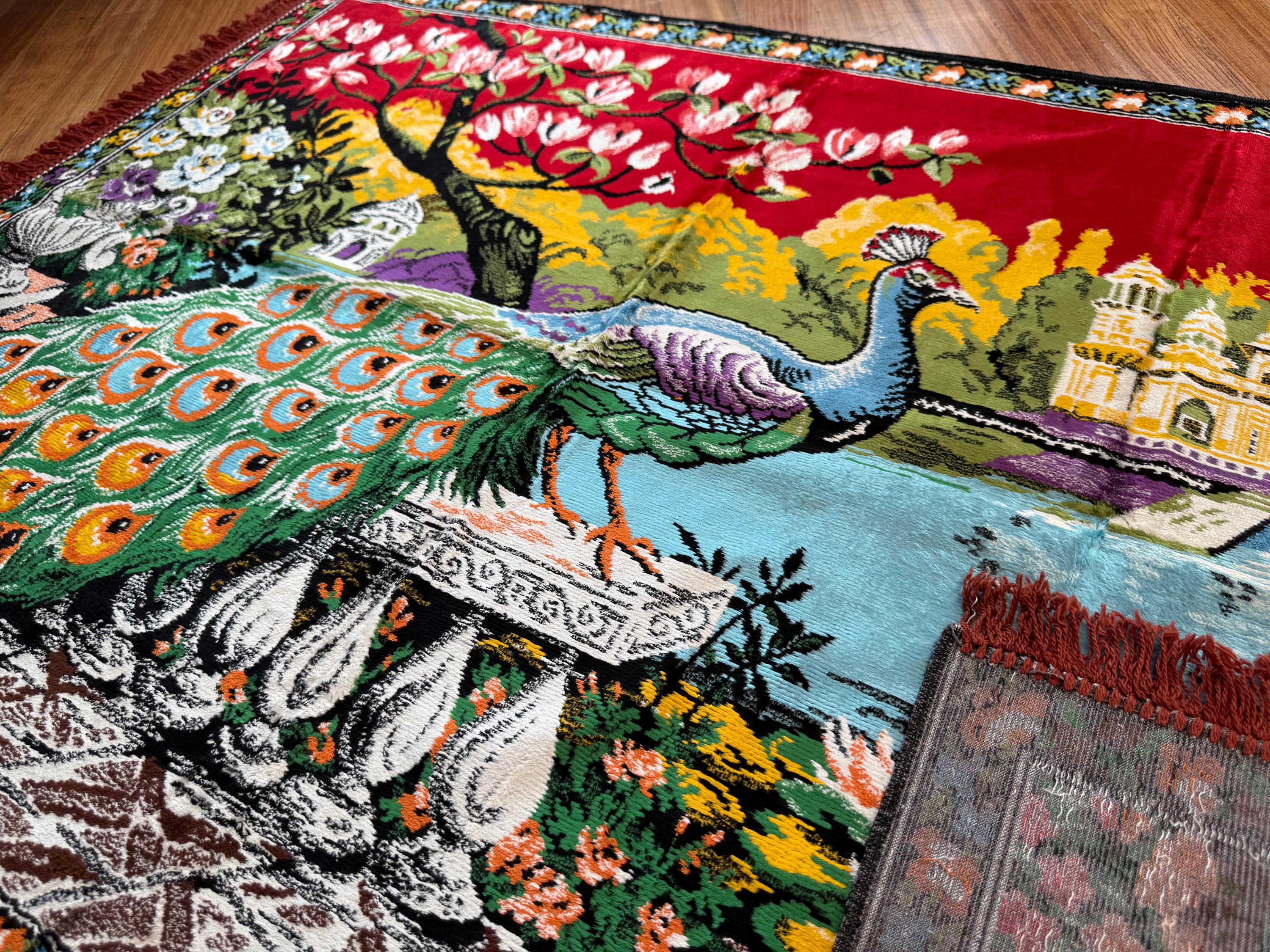 UNUSED Vintage Velvet Wall Carpet, Large Peacock Tapestry, Floral
