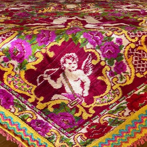 Vintage Velvet Rug, UNUSED Antique Italian Tablecloth Cherub 