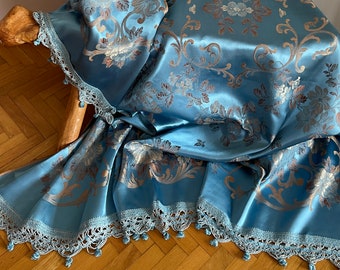 UNUSED Vintage Silk Damask Bedspread or Tablecloth, Italian Blue Floral Brocade Jacquard Queen Coverlet, Antique Fringed Baroque Bed Throw