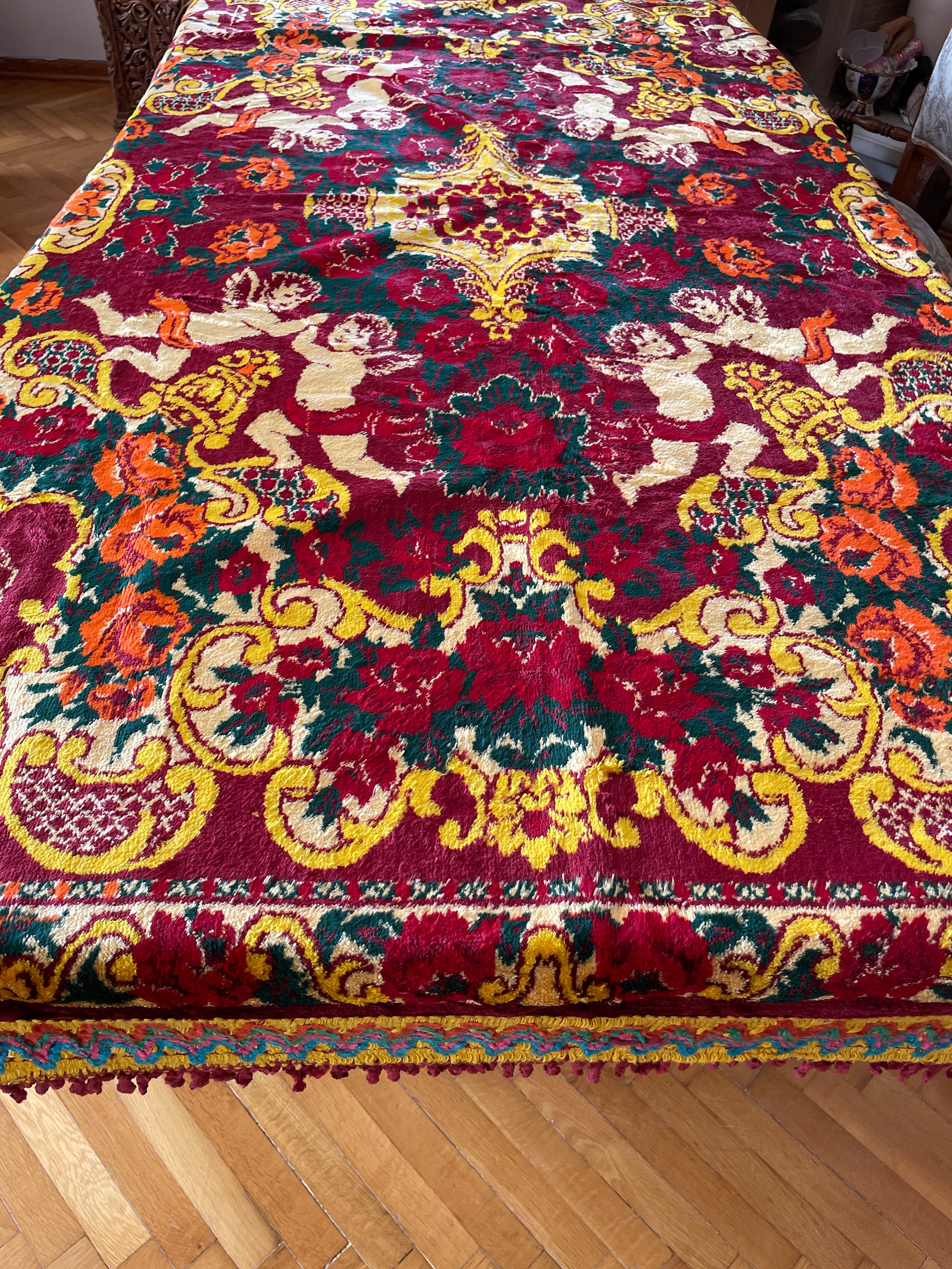 Traditional Italian Rug Pattern Unused Vintage Italian Velvet Cherub Bedspread, Burgundy Plush Carpet ...