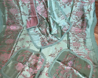 UNUSED Vintage Silk Damask Bedspread, Set of 4, Italian Green Floral Brocade Jacquard Queen Coverlet, Antique Fringed Baroque Bed Throw
