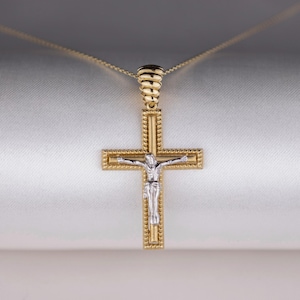 14k Solid Gold Kreuz Halskette, Gold Dainty Kreuz Halskette, Schutzengel Religiöser Schmuck, Religiöser Anhänger, Taufe Geschenk