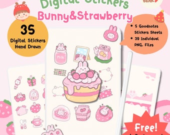 Cute Cute Bunny strawberry Doodles Digital Stickers, GoodNotes Digital Planner Sticker, Hand Drawn, Printable Daily Stickers, Journaling