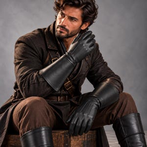 May include: A pair of long black leather gauntlet gloves featuring a smooth finish and stitched detailing on the back of the hands. The gloves extend past the wrists, providing full coverage for the hands and forearms with a fitted design.