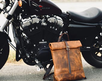 Personalized Genuine Crazy Horse Leather Roll-Top Motorcycle Backpack, Personalized Travel Rucksack Backpack Biker bag  Gift for him