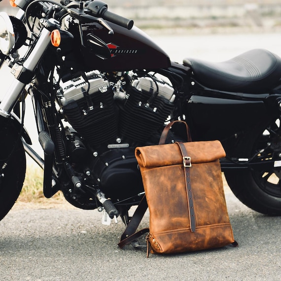 Personalized Genuine Crazy Horse Leather Roll-Top Motorcycle Backpack, Personalized Travel Rucksack Backpack Biker bag  Gift for him