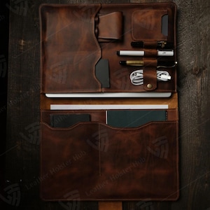 Personalized Leather Laptop Sleeve Bag MacBook & Laptop Case with Accessory and Tablet Pockets