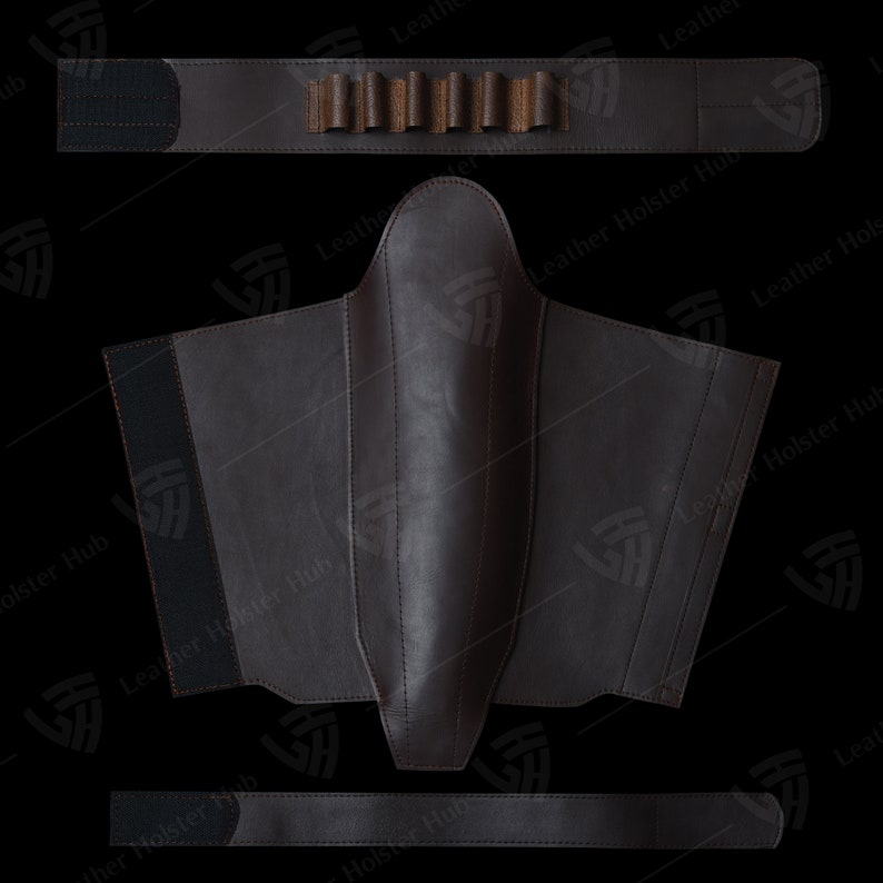Op de afbeelding: Een bruine leren holster met een riem en een magazijn houder. De holster heeft een klep die de bovenkant van het pistool bedekt.