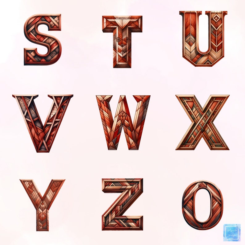 36 Wooden Textured Alphabet, Watercolor Clipart, Transparent Pngs