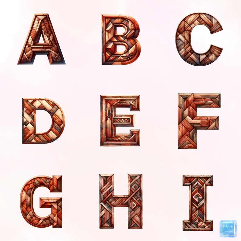 36 Wooden Textured Alphabet, Watercolor Clipart, Transparent Pngs