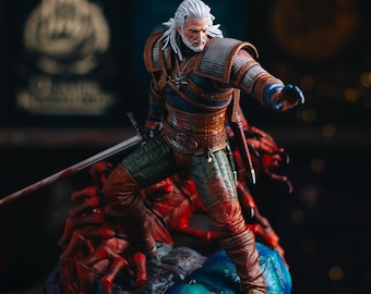 Diorama di The Witcher 3: Statua in resina di Geralt di Rivia, statuetta epica da battaglia.