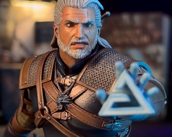 Geralt of Rivia Resin Statue, Handmade Fantasy Hunter Bust, 3D Printed Fan Art Sculpture, Hand Painted Collectible Figure, Gift for Gamer