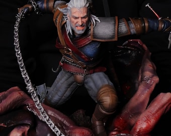 The Fantasy Warrior Collectible, Gamer Decor, Handmade Painted Resin Collectible Statue, Handmade Geralt Statue, Gift For Gamer