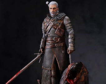 Geralt Statue, Fantasy Warrior Figurine, Gift for Gamers, Hand Painted White Wolf Collectible Geek Decor, Gift for Boyfriend, Gamer Gift