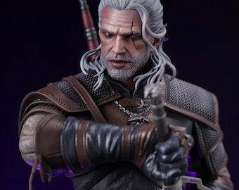 Geralt of Rivia Figure Wild Hunt Statue Gift for Gamers, Hand Painted White Wolf Collectible Geek Decor Gift for Boyfriend
