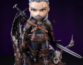 Hand-Painted Collector Figure, Witcher Inspired Resin Figure, Geralt Chibi Statue 12cm-4.7 in Geek Gift for Gamer, Birthday Day Gift