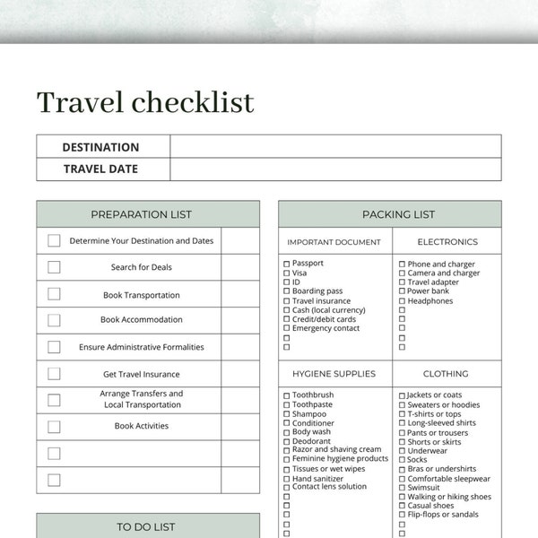 Organisateur de voyage - Printable Travel packing list - Travel planner - to do list voyage