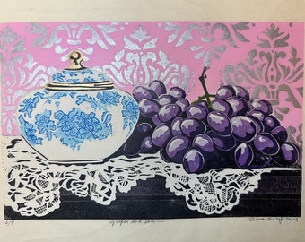 Signed, Original, handprinted, 11 colour reduction linocut print, "Grapes and lace", on Kitakata paper. Unframed. (Limited edition of 11)