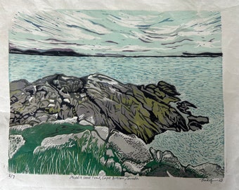 Signed, original, 8 colour reduction linocut print of a seascape, handprinted on Japanese Kitakata paper; unframed  (edition of 7).