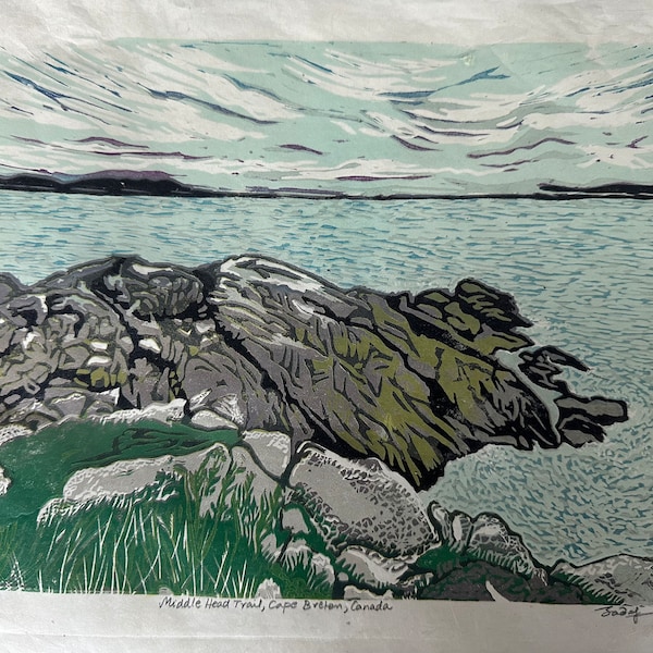 Signed, original, 8 colour reduction linocut print of a seascape, handprinted on Japanese Kitakata paper; unframed  (edition of 7).