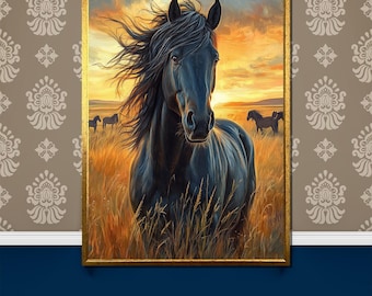 Majestic Black Horse Canvas Painting – Sunset-Inspired Gift for Equestrian and Nature Art Lovers