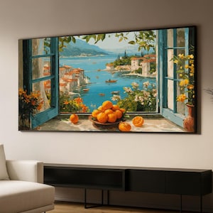 Mediterranean Window View with Oranges – Coastal Seaside Canvas Painting of Boats, Flowers, and Sea for Relaxing Home Gift