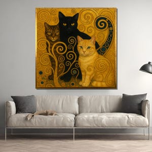 Gustav Klimt style cat canvas painting with golden swirls – decorative feline art gift for cat lovers and home wall decor