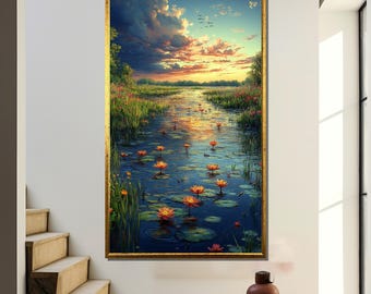 Puede incluir: Una pintura de una tranquila escena de río con una puesta de sol en el fondo. El río está lleno de nenúfares y el cielo es una mezcla de rosa, naranja y azul.