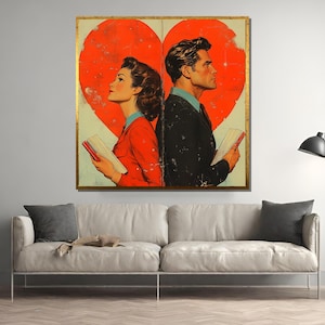 Retro Couple Canvas Painting - Vintage Love Story Wall Art - Dramatic Romance Illustration - Unique Gift for Lovers