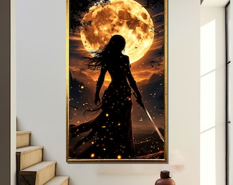 Pintura en lienzo de un guerrero iluminado por la luna – Impresión de arte fantástico