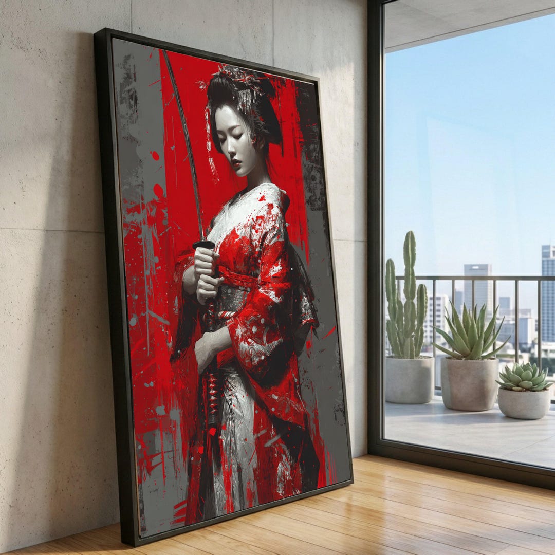 Samurai Woman Red Kimono Canvas Art, Japanese Warrior Sword Painting ...
