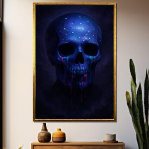 Himmlischer Schädel Gemälde – Kosmische Tränen tropfen von einem sternenklaren Nachtschädel im Weltraum | Einzigartiges Gothic Geschenk