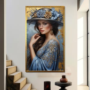 Elegant Portrait of a Woman in a Lavish Blue Embroidered Gown with Gold Accents and Floral Hat - Canvas Painting and Gift