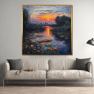 May include: A painting of a sunset over a river with water lilies. The sky is a mix of orange, pink, and purple. The water is a deep blue with reflections of the sunset. The water lilies are a bright orange.