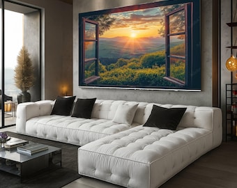 Puede incluir: Un gran lienzo que representa una ventana abierta con una puesta de sol. La obra de arte está colgada sobre un sofá seccional blanco con cojines negros y blancos. La habitación tiene un diseño moderno con colores neutros.